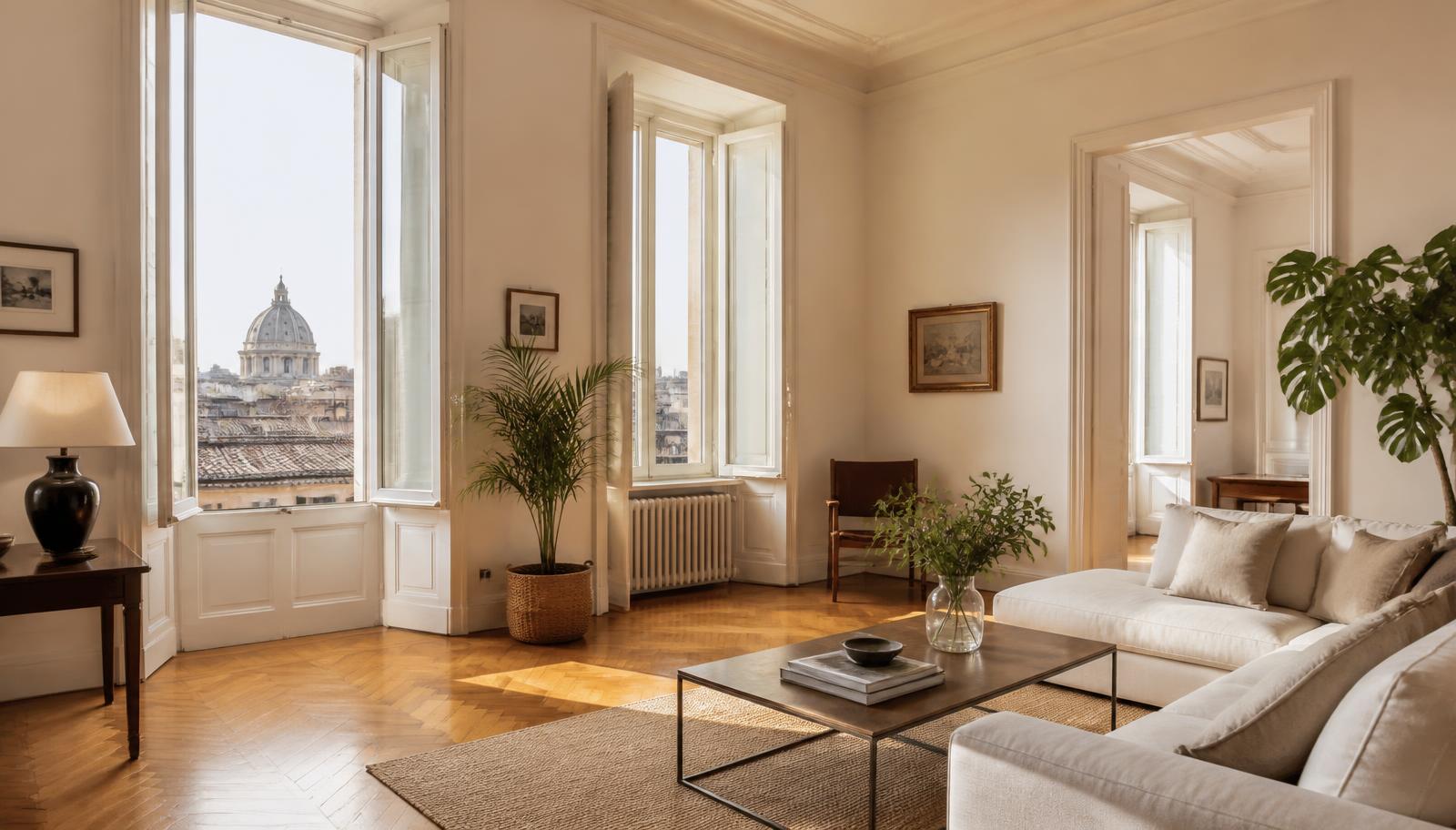 Salotto luminoso di un appartamento a Roma pronto per gli affitti brevi su Airbnb