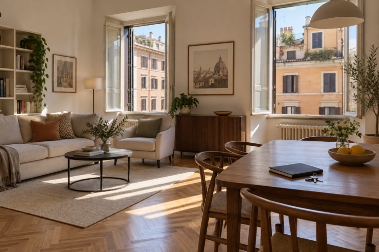 Soggiorno luminoso di un appartamento a Roma arredato per uso residenziale o soggiorni brevi
