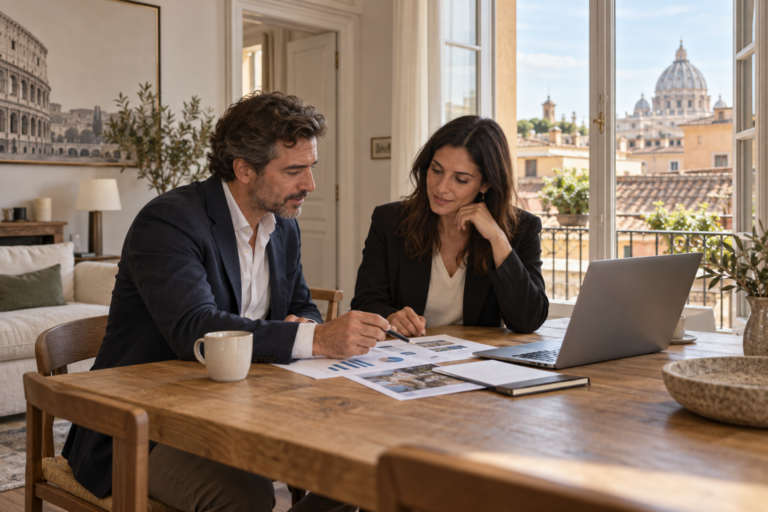 Proprietario e property manager esaminano i documenti della gestione in un appartamento a Roma