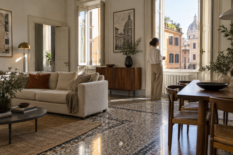 Proprietario osserva un appartamento per affitti brevi a Roma, arredato e pronto per accogliere gli ospiti