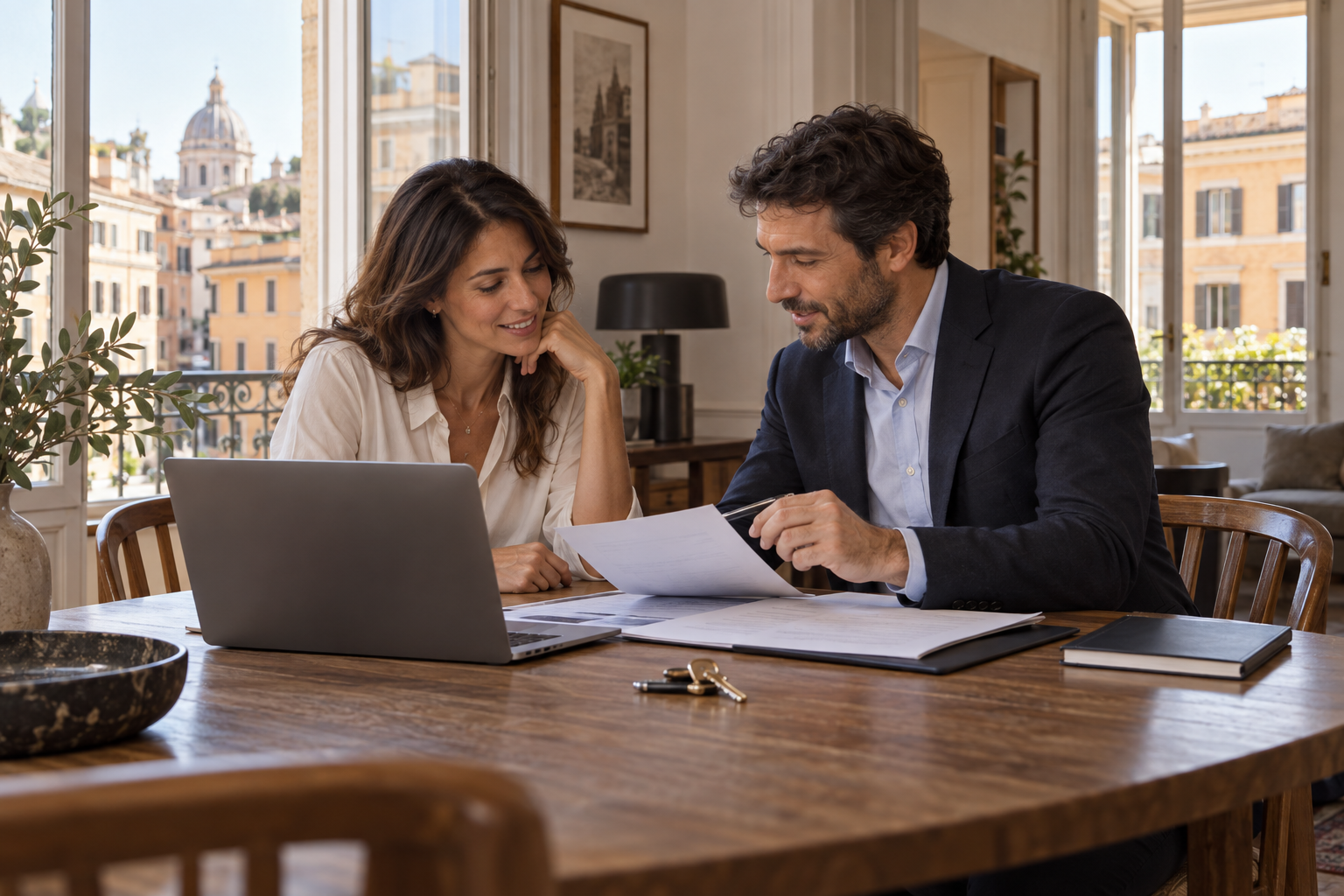 Proprietario e property manager esaminano un preventivo di gestione in un appartamento a Roma