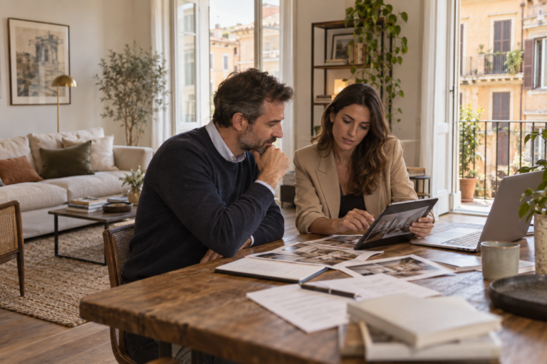 Proprietario e professionista esaminano fotografie e documenti in un appartamento per affitti brevi a Roma