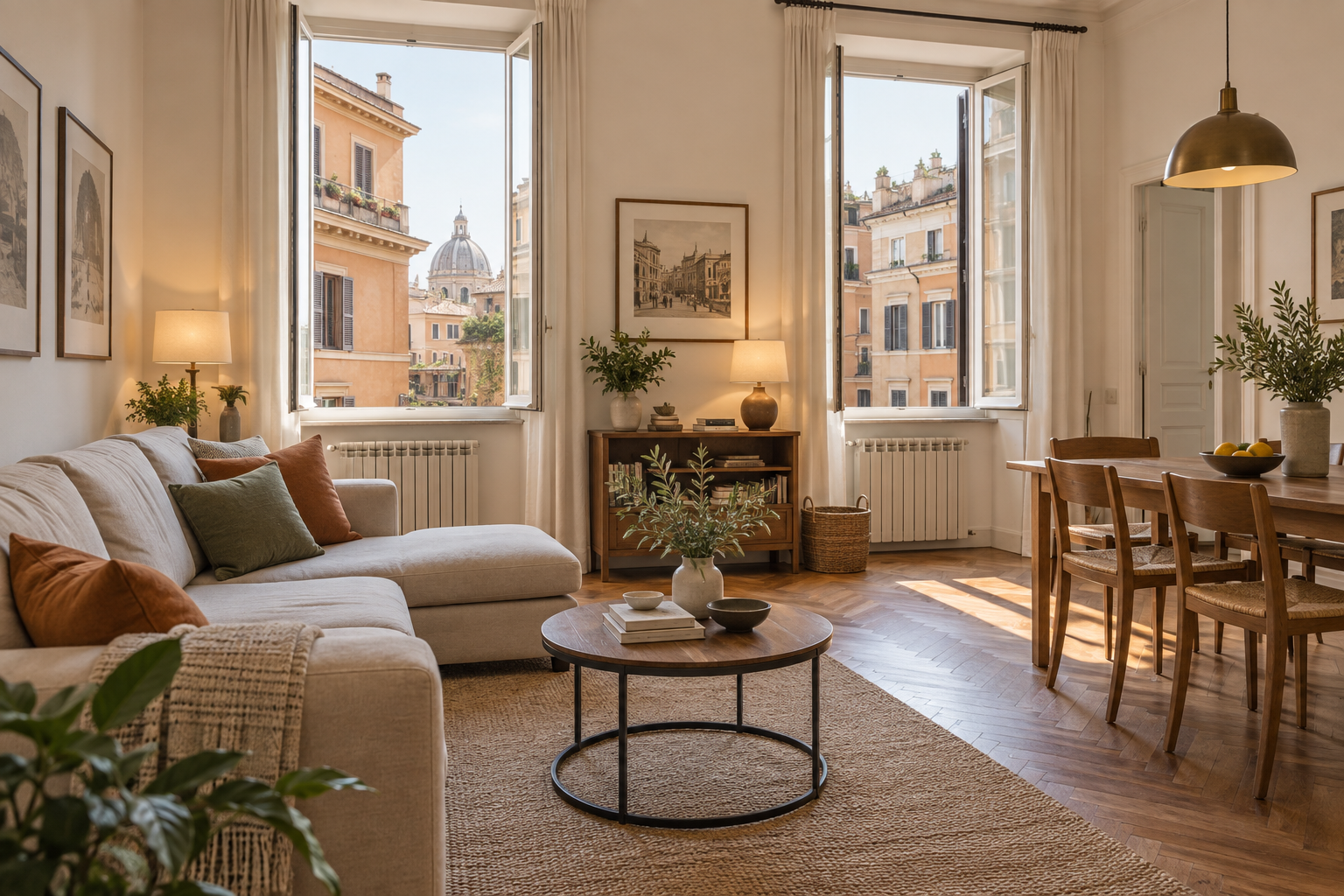 Soggiorno luminoso di un appartamento per affitti brevi a Roma con zona pranzo e affaccio su palazzi residenziali
