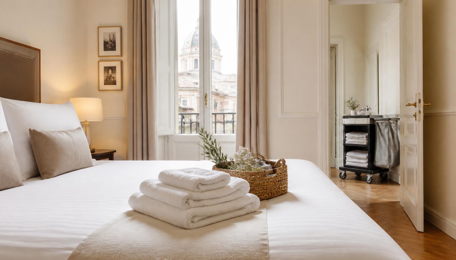 Camera da letto preparata con biancheria pulita per un ospite Airbnb a Roma