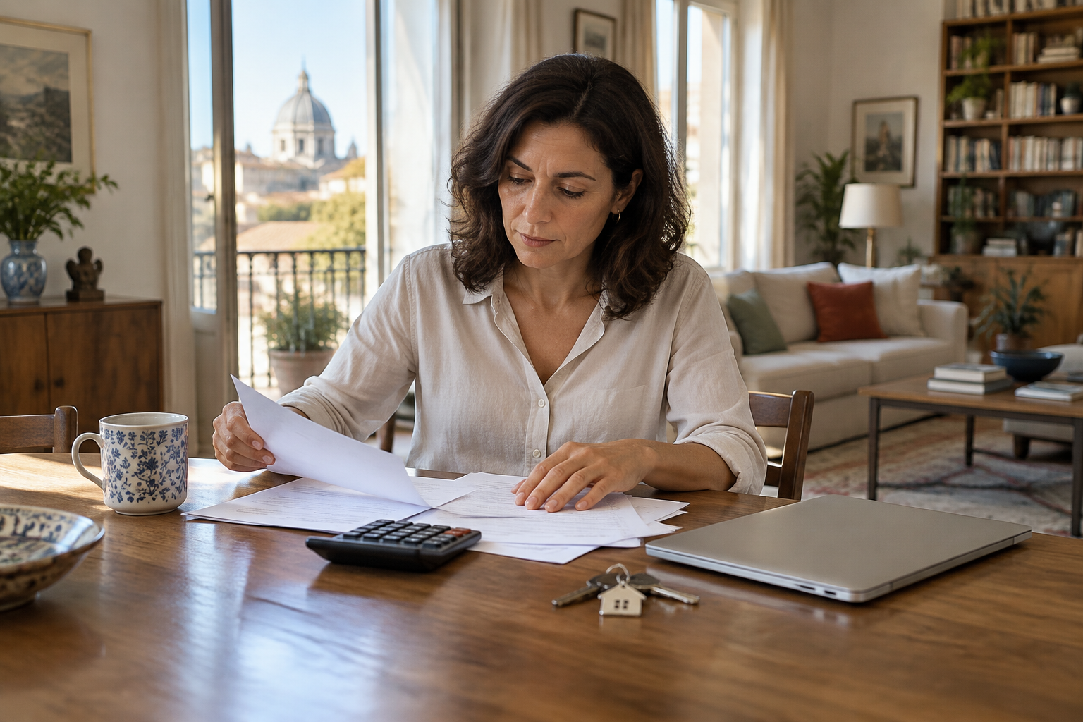 Proprietario che confronta i costi di locazione con documenti, calcolatrice e chiavi dell'appartamento