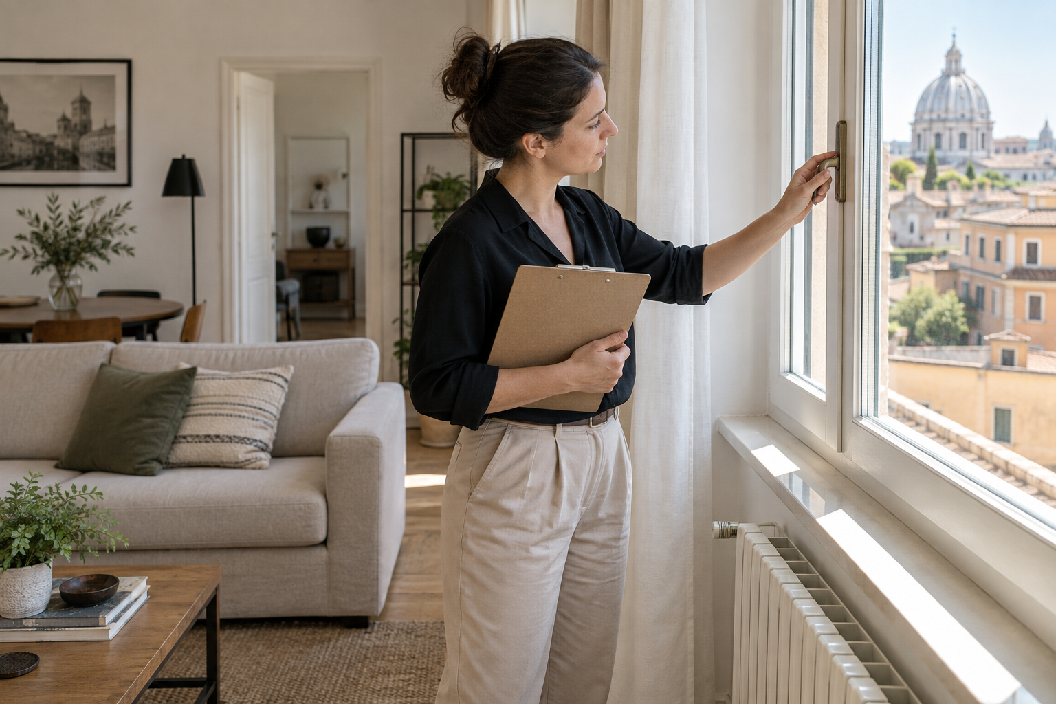 Property manager controlla una finestra durante l’ispezione di un appartamento per affitti brevi