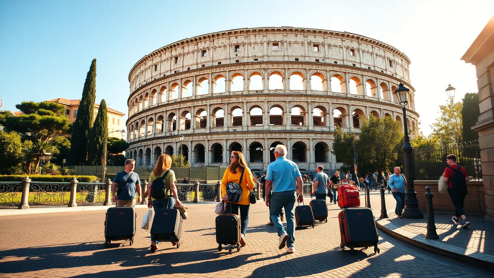 Deposito bagagli a Roma: viaggiatori con valigie davanti al Colosseo