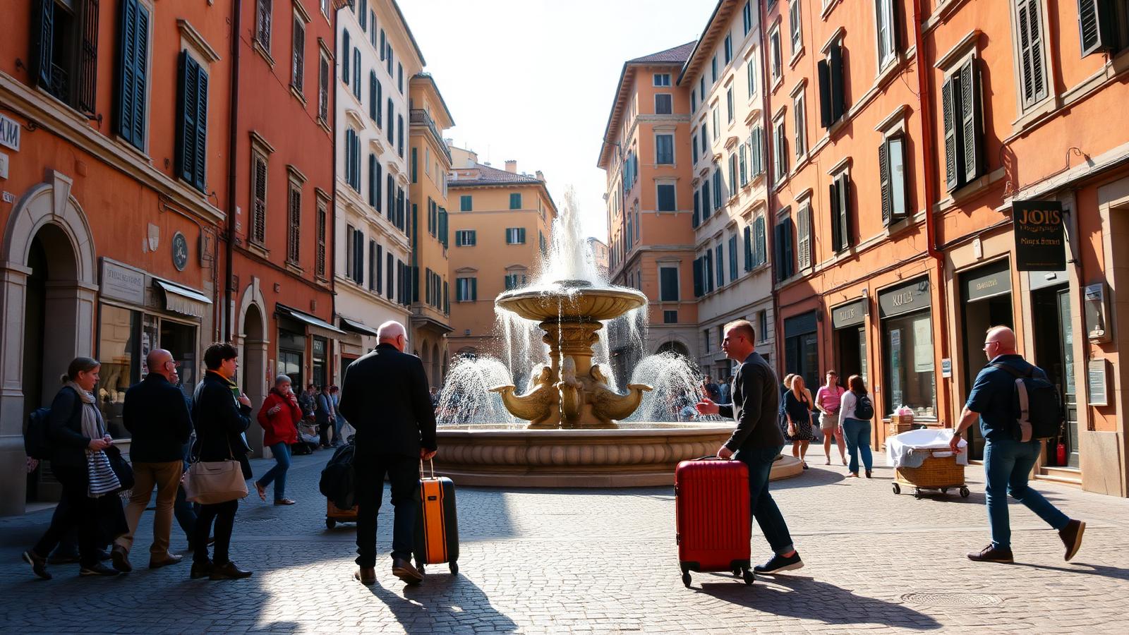 Deposito bagagli a Testaccio Roma: viaggiatori con valigie nella piazza del quartiere