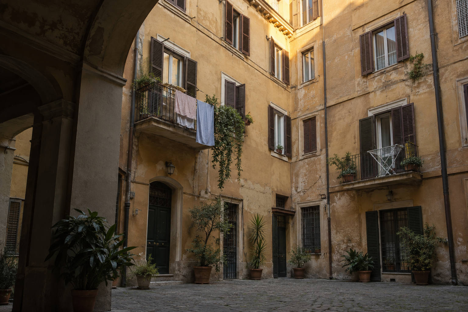 Cortile residenziale romano con finestre, persiane e balconi affacciati sullo spazio comune