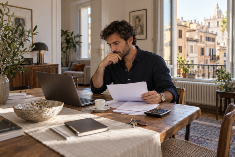 Proprietario che esamina documenti e costi di un affitto breve in un appartamento a Roma