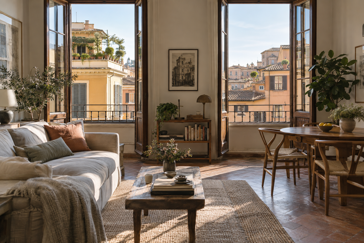 Soggiorno di un appartamento a Roma con finestre aperte sui palazzi e sui tetti del quartiere