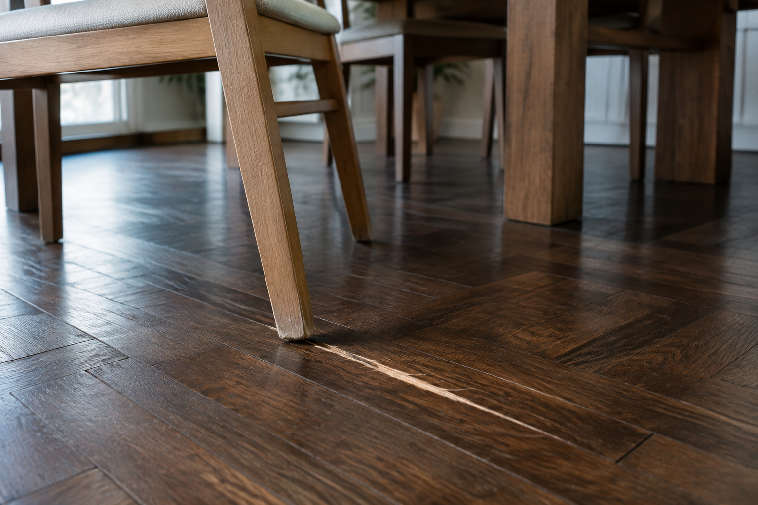 Gamba di una sedia senza feltrino accanto a un graffio sul parquet di un appartamento per affitti brevi.