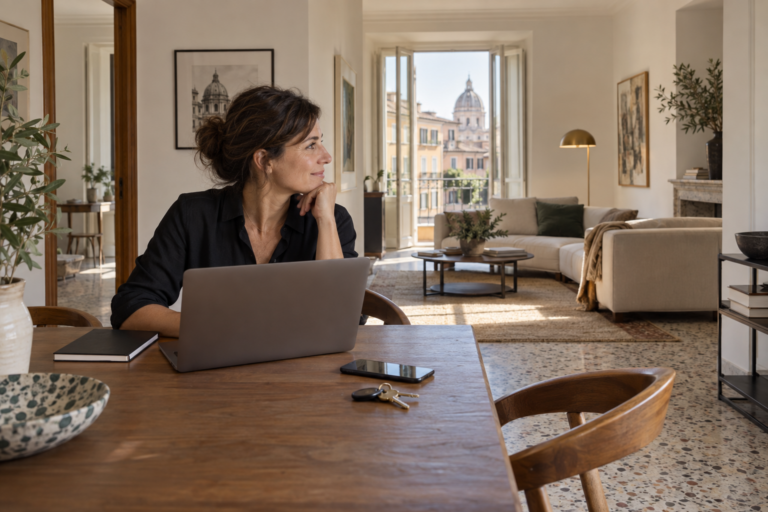 Proprietario di un appartamento a Roma valuta la gestione dell’affitto breve con computer, telefono e chiavi sul tavolo.