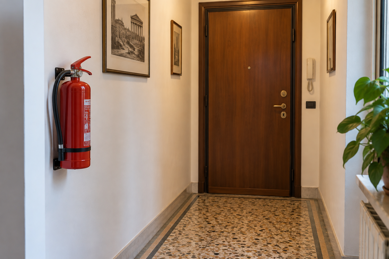 Estintore fissato a parete, visibile e accessibile nel corridoio d’ingresso di un affitto breve.