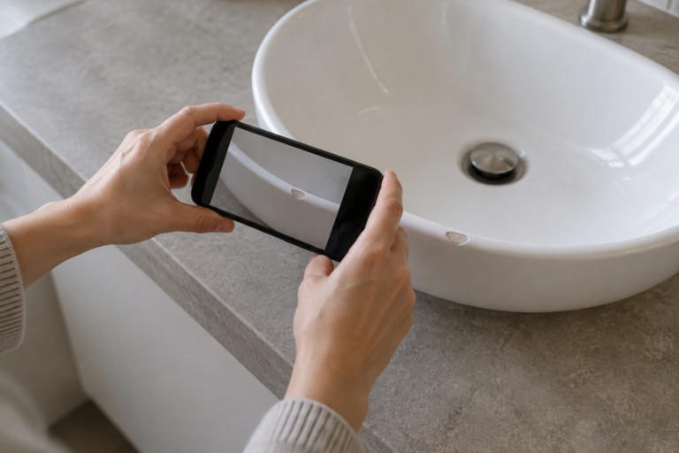 Fotografia di una piccola scheggiatura sul bordo del lavabo per documentare un danno dopo il check-out.