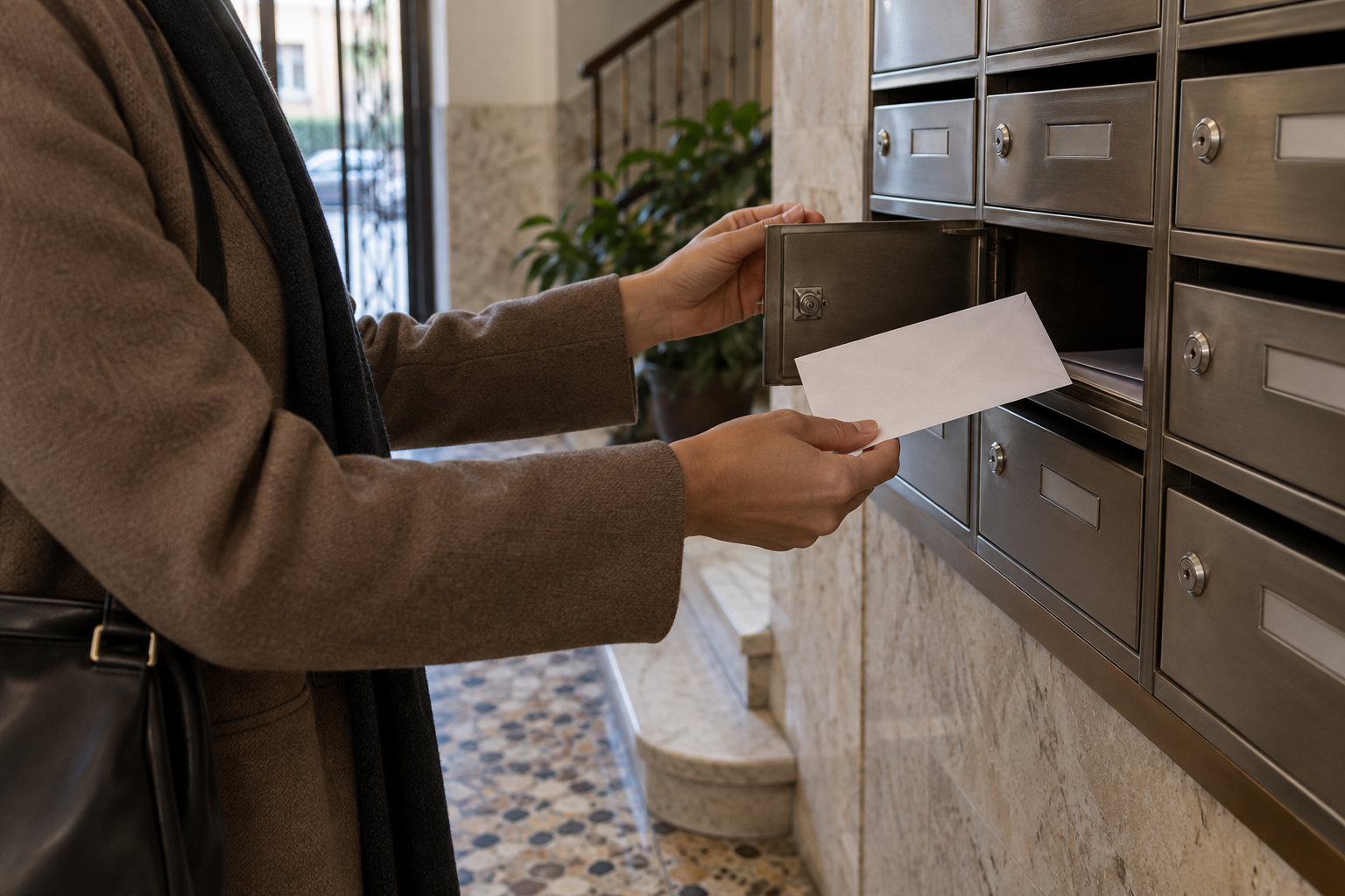 Mani di un residente che apre una cassetta postale nell’androne di un condominio romano