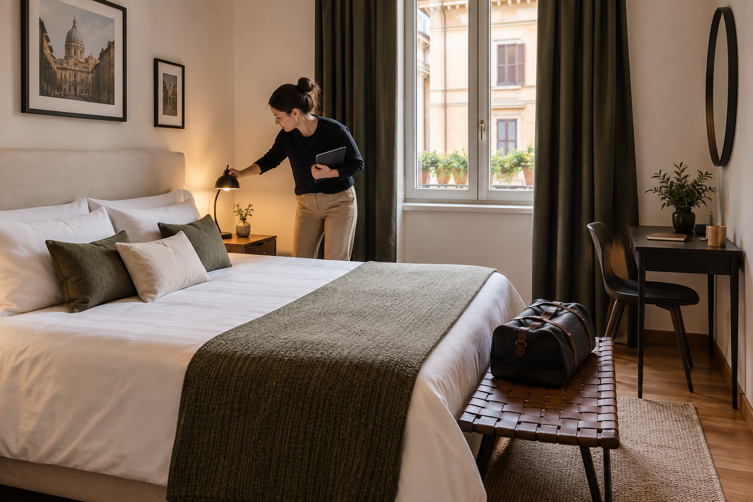 Controllo della lampada e del comfort in una camera pronta per gli ospiti di un affitto breve