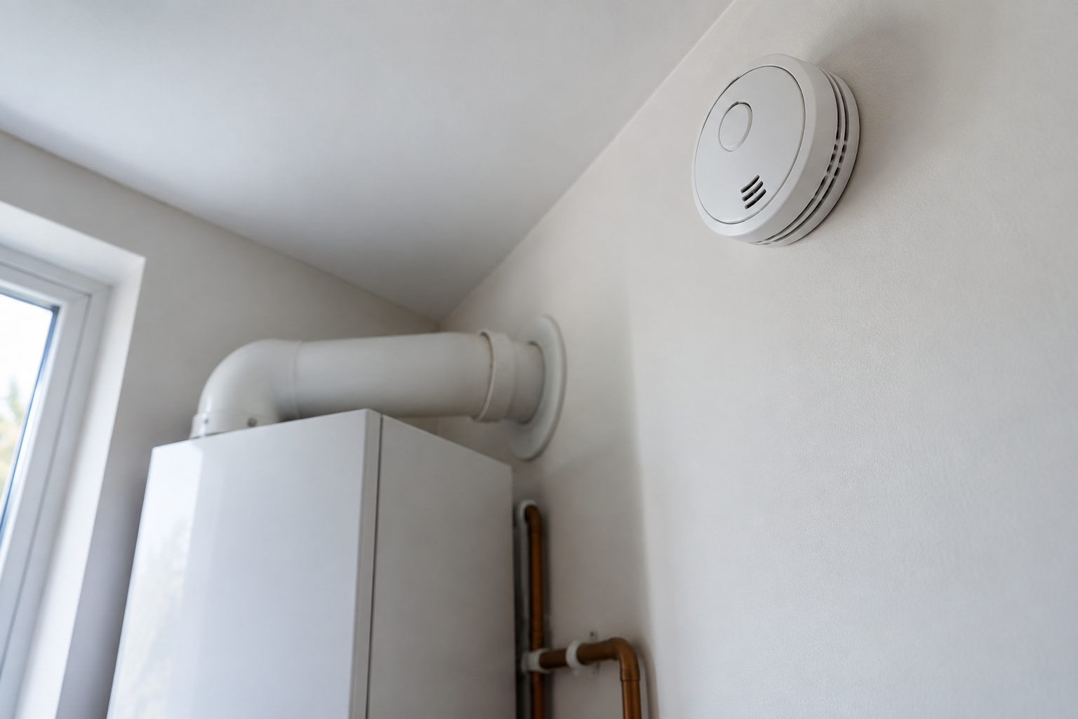 Rilevatore di monossido di carbonio installato nella parte alta della parete di un vano con caldaia.