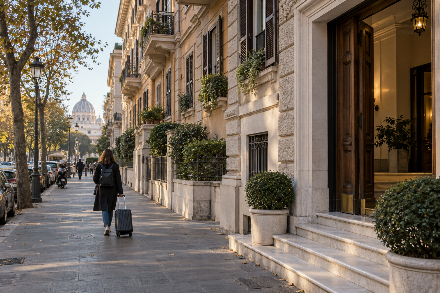 Strada residenziale di Prati con palazzi, balconi e un viaggiatore con valigia sul marciapiede