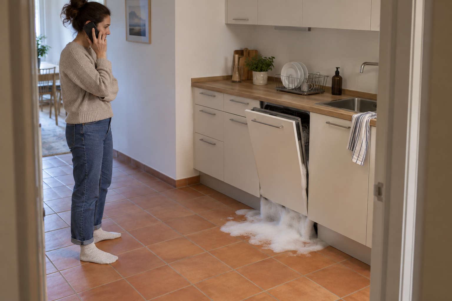 Ospite al telefono in cucina mentre della schiuma fuoriesce dalla lavastoviglie sul pavimento.