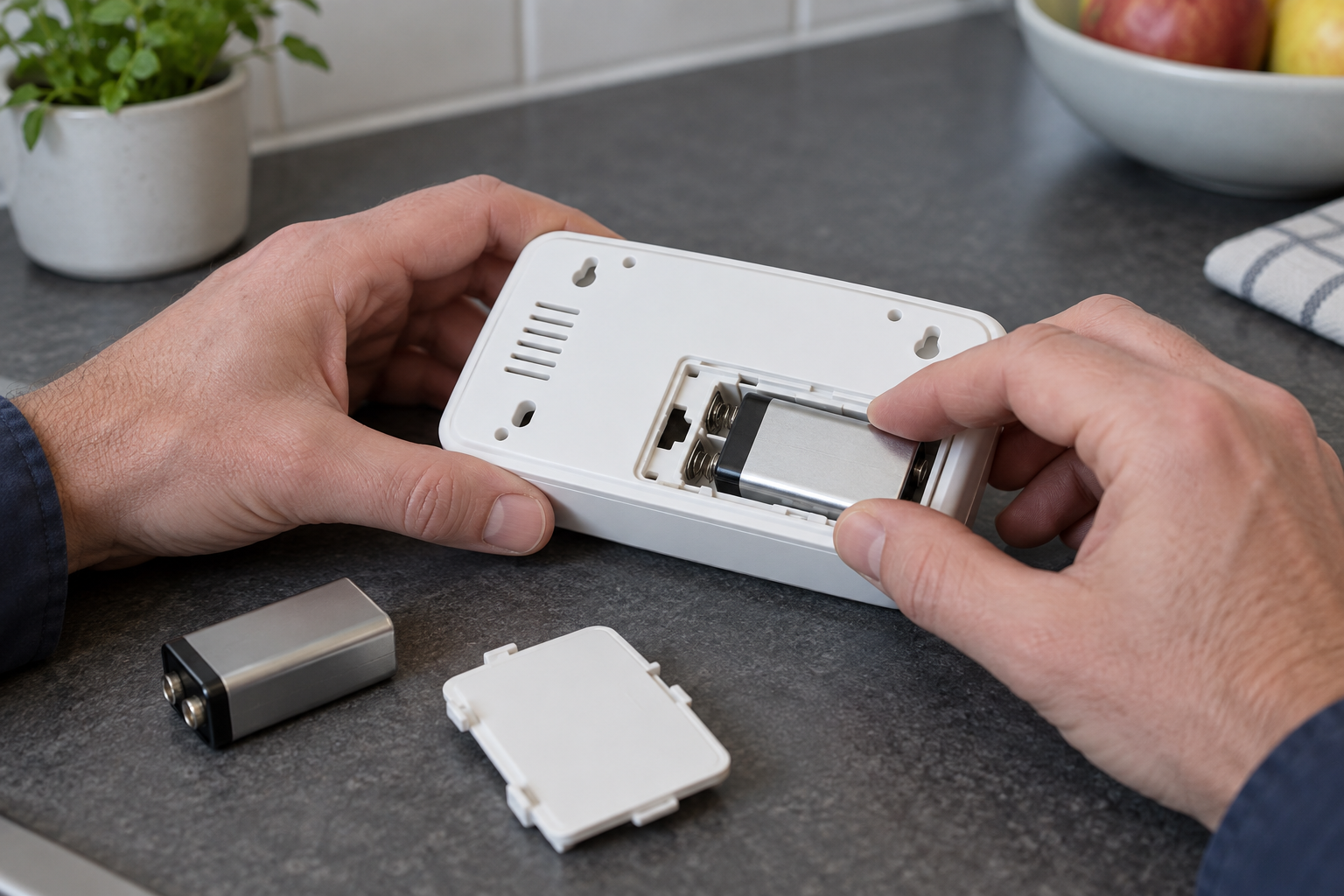 Sostituzione della batteria in un rilevatore di monossido di carbonio con vano posteriore apribile.