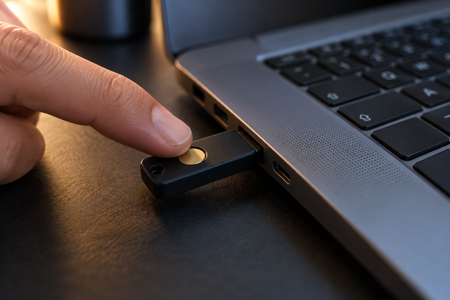 Chiave di sicurezza fisica collegata a un computer per proteggere l’accesso all’email usata per le prenotazioni.